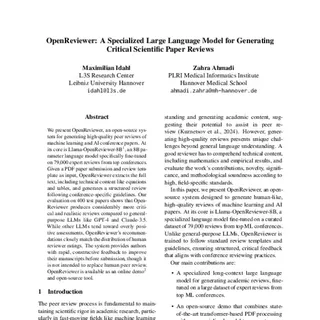 OpenReviewer: A Specialized LLM for Generating Critical Scientific Paper Reviews