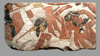  Relief fragment with vanquished enemies: A 3,400-year-old depiction of an Egyptian pharaoh crushing western Asian soldiers under his royal chariot 